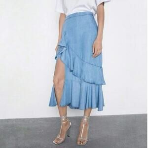 ZARA Tiered Ruffle Midi Skirt Chambray Light Blue A-Line Casual Boho Coastal S